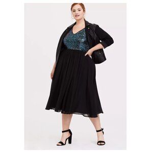 Torrid Black Sequin Chiffon Skater Midi Dress Size 22 Plus Mermaid Formal Party